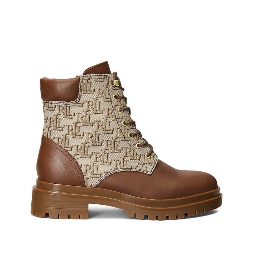 Lauren Ralph Lauren Carlee RL LOGO Monogram Jacquard Lug Sole Women's 8.5 Tan